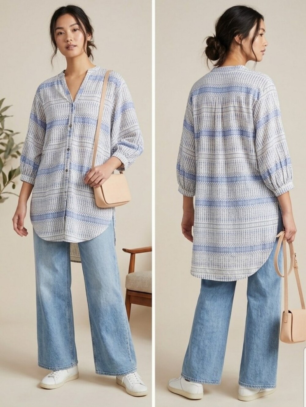 Maeve Anthro Lena Yarn Dyed Cotton Tunic Blue White Stripe L